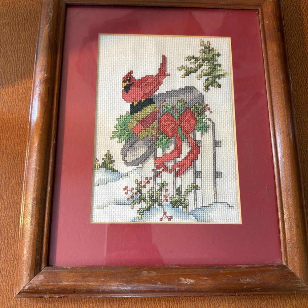 THE CHRISTMAS PACKAGE Cardinal on Mailbox Weekenders Counted Cross Stitch Framed